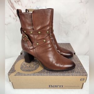 NIB Born 'Emma' Cognac Leather Studded Heeled Boots